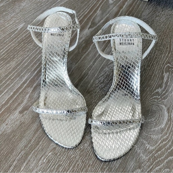 41-Stuart Weitzman, silver, metallic snake, skin embossed, heeled sandal, SZ.8.5 - Picture 3 of 7